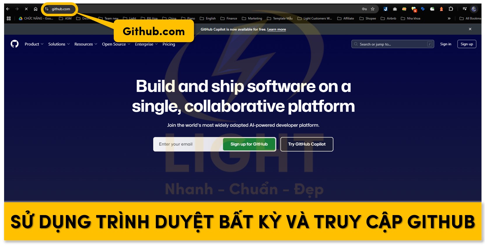 Vào Github bằng trình duyệt qua đường dẫn Github.com