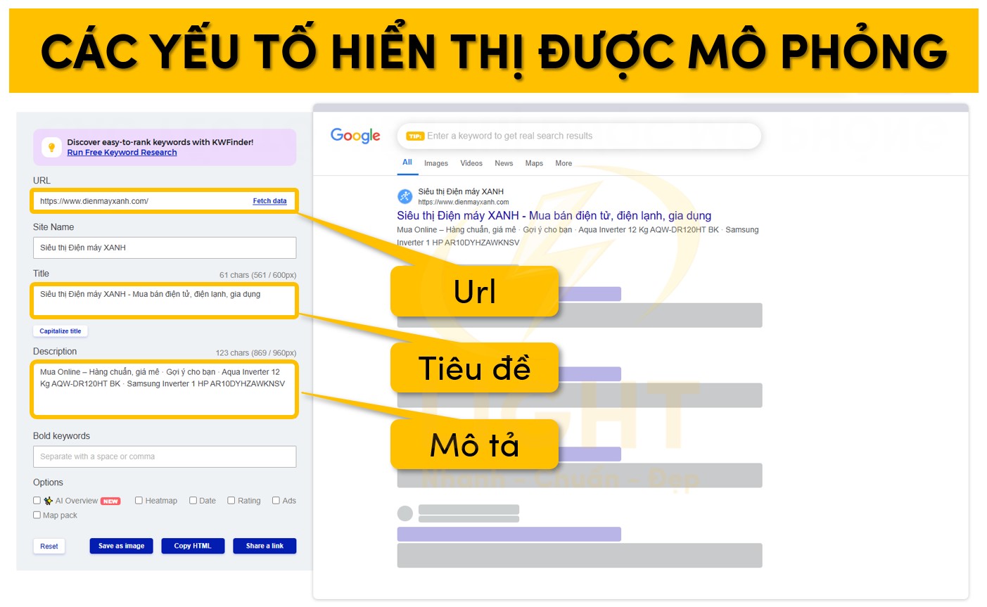 Các yếu tố hiển thị được mô phỏng trên Google SERP Simulator