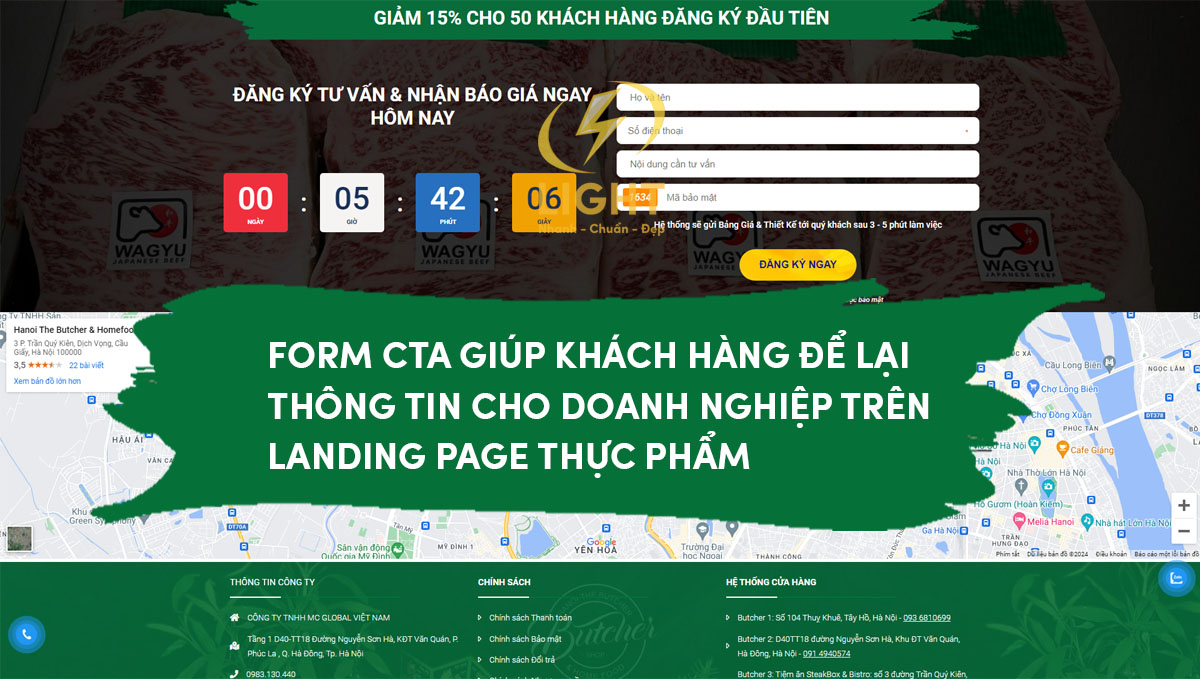 Thực đơn được đưa trên landing page