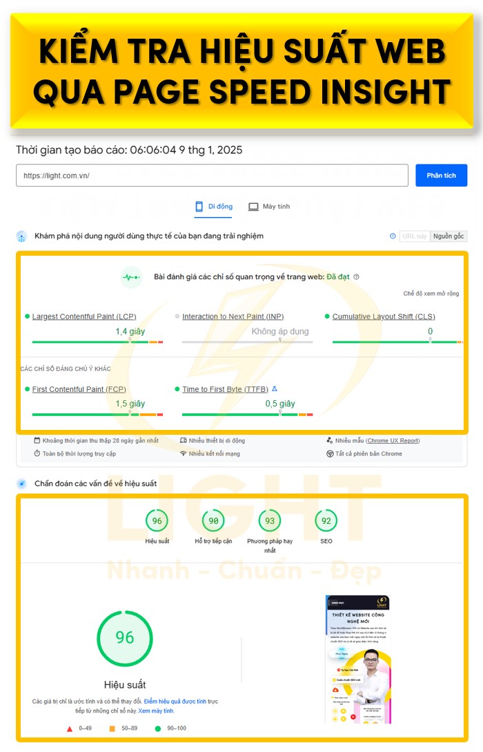 Sử dụng công cụ như Google PageSpeed Insights để kiểm tra hiệu suất web