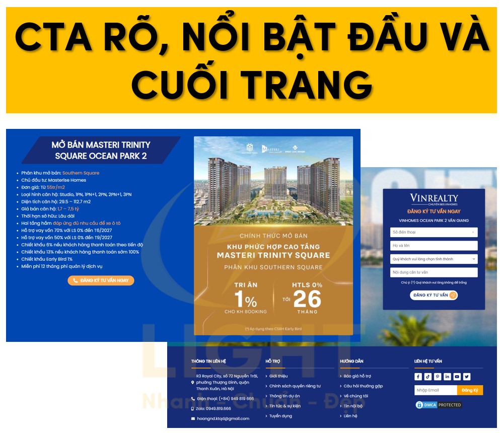 CTA đặt ở vị trí nổi bật phía đầu và cuối của Landing page Bất động sản