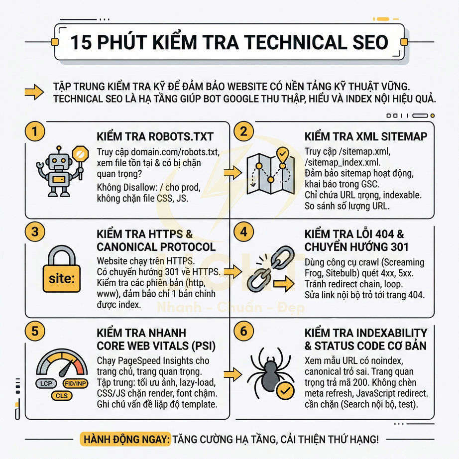 Checklist 15 phút kiểm tra technical SEO với 6 bước tối ưu robots.txt, sitemap, HTTPS, lỗi 404 và Core Web Vitals