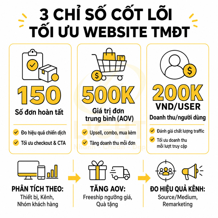 3 chỉ số cốt lõi tối ưu website TMĐT gồm số đơn hoàn tất, giá trị đơn trung bình và doanh thu trên mỗi người dùng