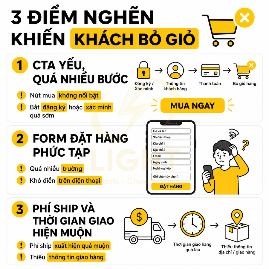 3 điểm nghẽn khiến khách bỏ giỏ hàng: CTA yếu, form đặt hàng phức tạp, phí ship và thời gian giao hàng hiện muộn