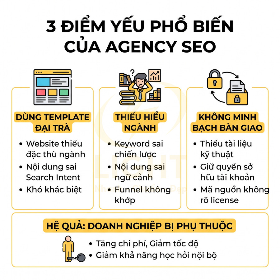Infographic 3 điểm yếu phổ biến của agency SEO và hệ quả doanh nghiệp bị phụ thuộc