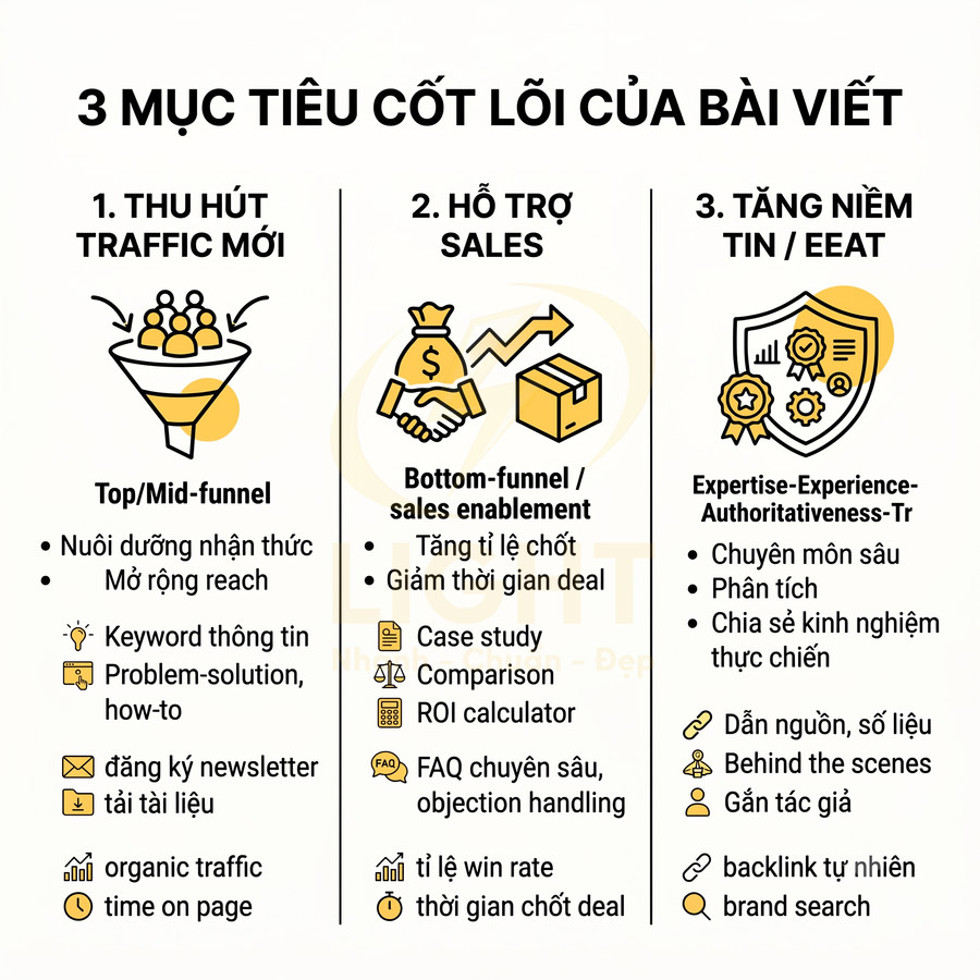 Infographic 3 mục tiêu cốt lõi của bài viết: thu hút traffic mới, hỗ trợ sales và tăng niềm tin EEAT