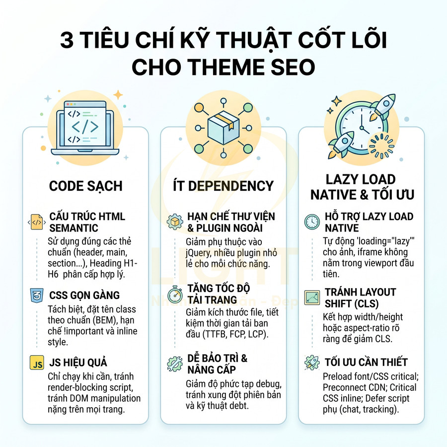Infographic 3 tiêu chí kỹ thuật cốt lõi cho theme SEO: code sạch, ít dependency, lazy load native tối ưu