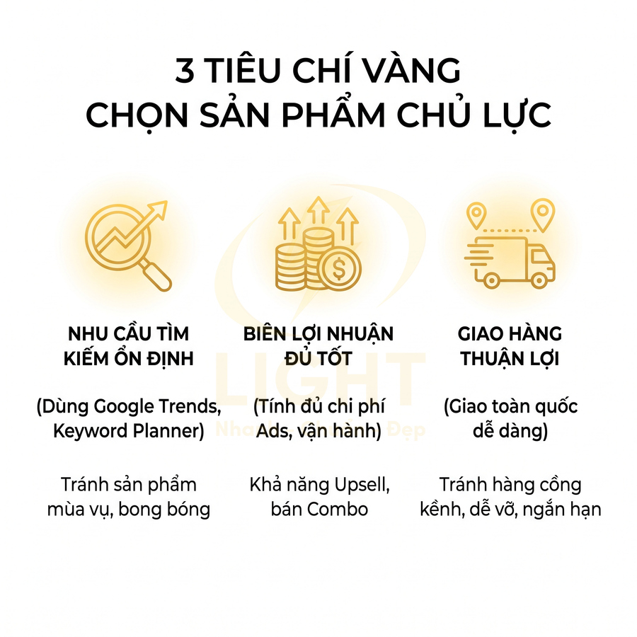 3 tiêu chí vàng chọn sản phẩm chủ lực về nhu cầu tìm kiếm, biên lợi nhuận và giao hàng thuận lợi