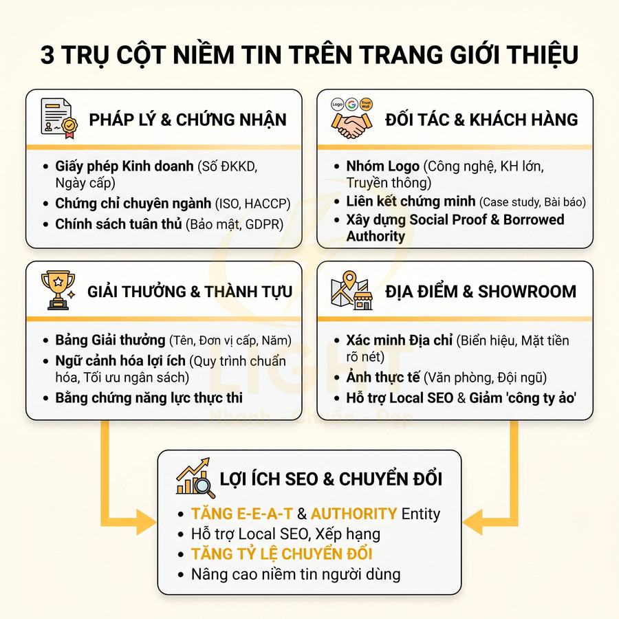 Infographic 3 trụ cột niềm tin trên trang giới thiệu và lợi ích SEO chuyển đổi cho doanh nghiệp