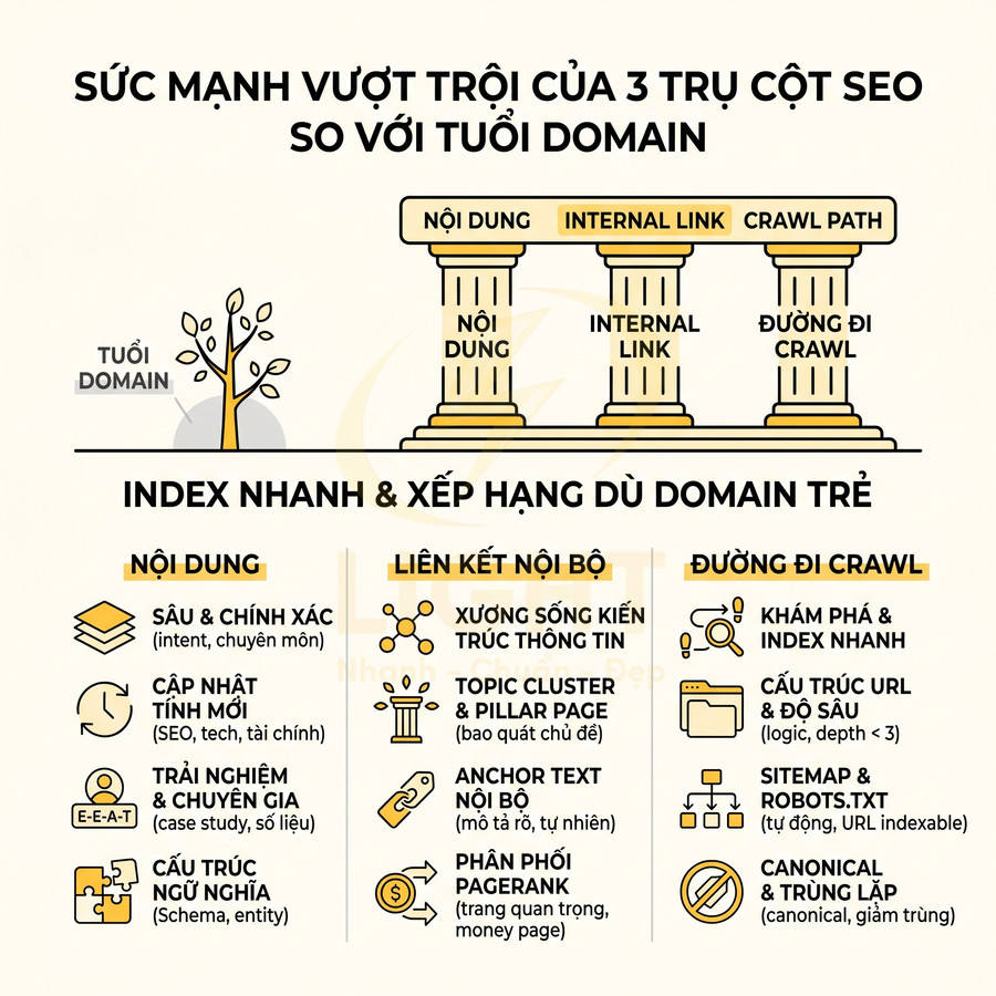 Infographic 3 trụ cột SEO nội dung internal link đường đi crawl giúp index nhanh và xếp hạng domain mới