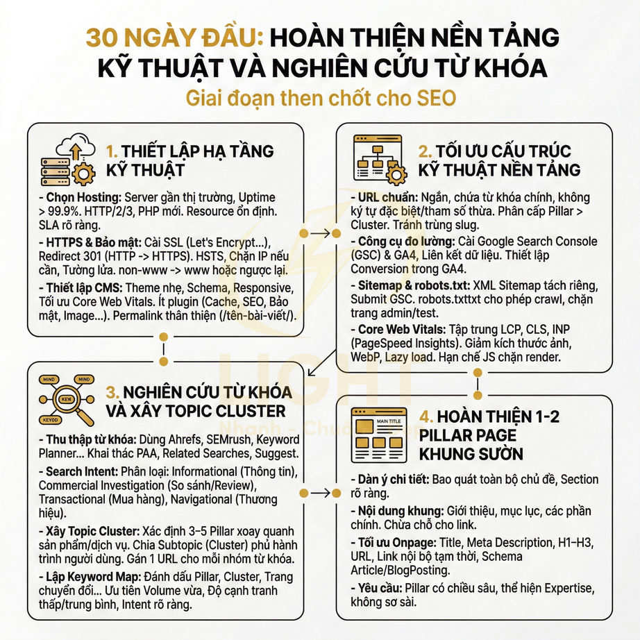 Checklist 30 ngày đầu hoàn thiện nền tảng kỹ thuật và nghiên cứu từ khóa SEO với 4 bước chi tiết