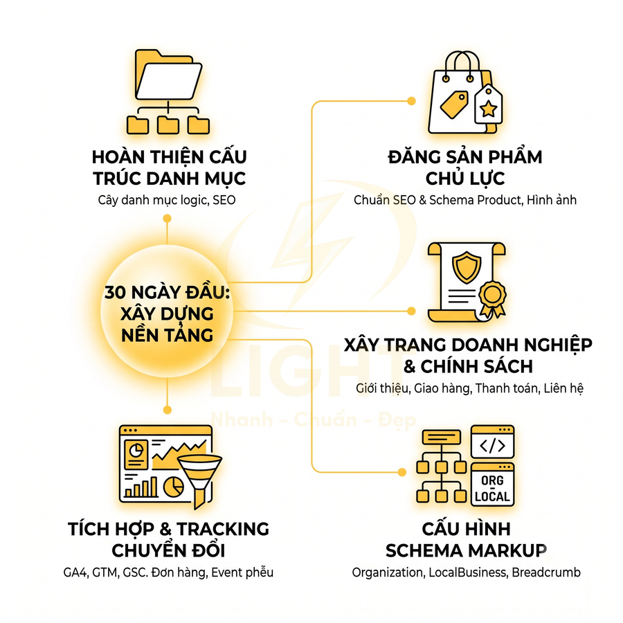 Quy trình 30 ngày đầu xây dựng nền tảng SEO website với cấu trúc danh mục, sản phẩm, tracking và schema markup