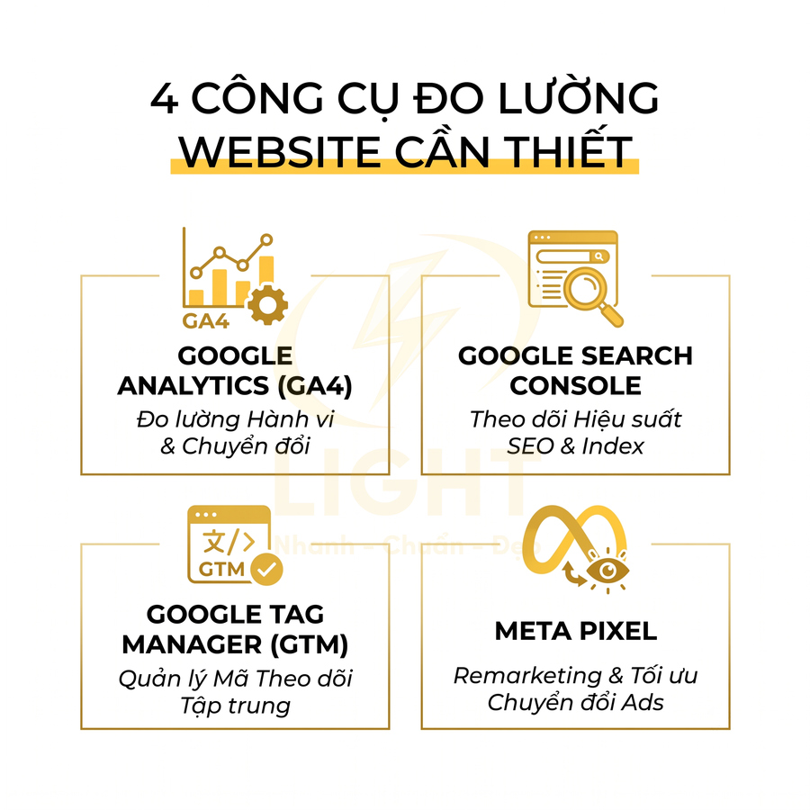 4 công cụ đo lường website gồm Google Analytics GA4, Google Search Console, Google Tag Manager và Meta Pixel