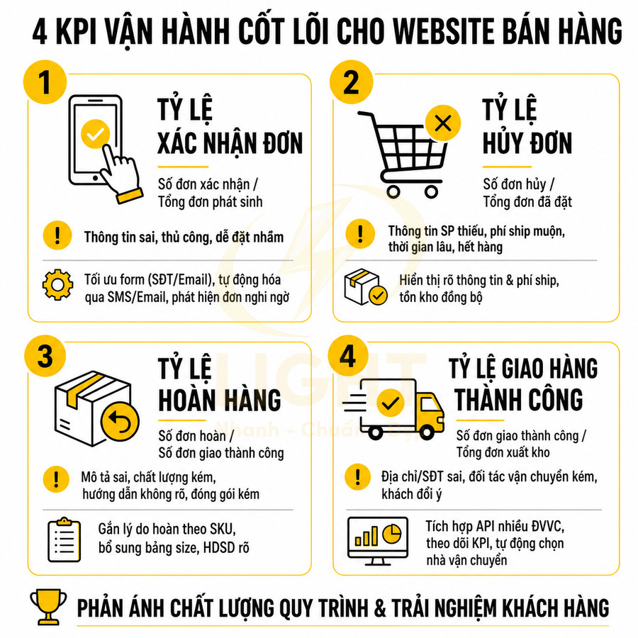 4 KPI vận hành cốt lõi cho website bán hàng gồm tỷ lệ xác nhận đơn, hủy đơn, hoàn hàng và giao hàng thành công