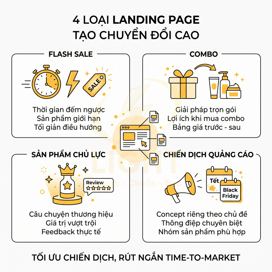 Infographic 4 loại landing page tạo chuyển đổi cao cho flash sale, combo, sản phẩm chủ lực và chiến dịch quảng cáo