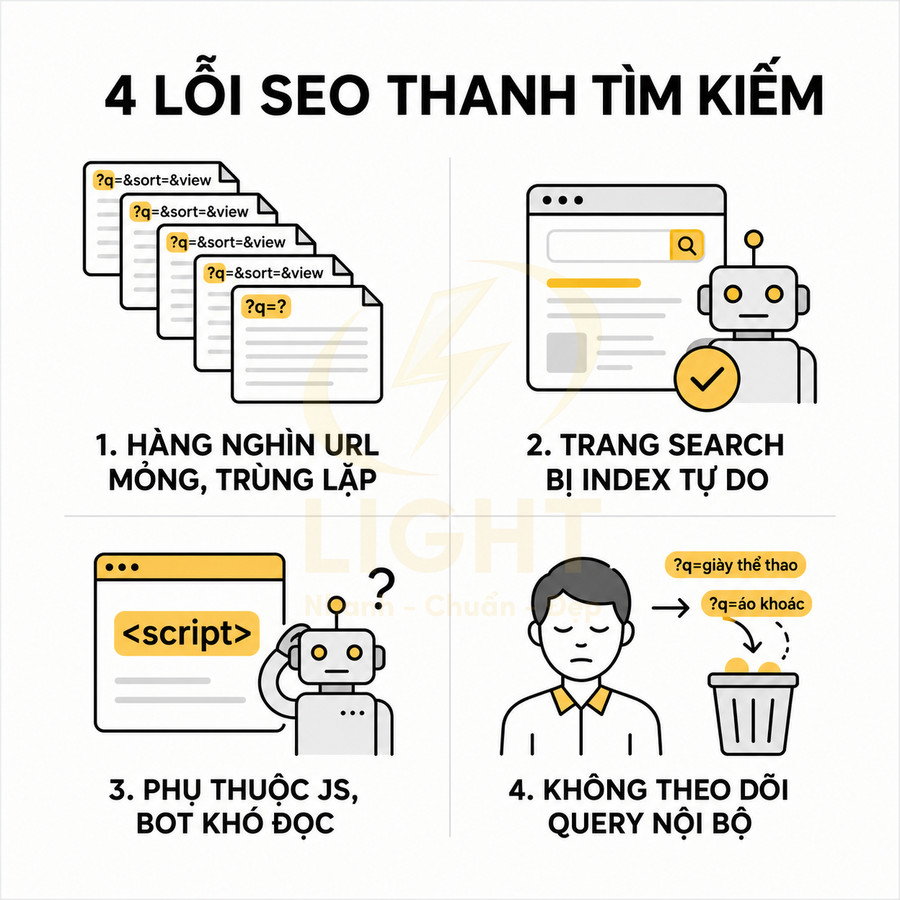 Minh họa 4 lỗi SEO thanh tìm kiếm: URL mỏng trùng lặp, trang search index tự do, phụ thuộc JS, không theo dõi query nội bộ