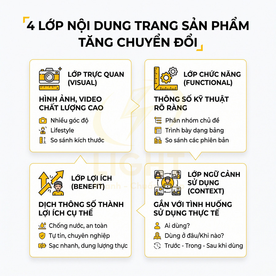 4 lớp nội dung trang sản phẩm giúp tăng chuyển đổi với ví dụ về hình ảnh, thông số, lợi ích và ngữ cảnh sử dụng