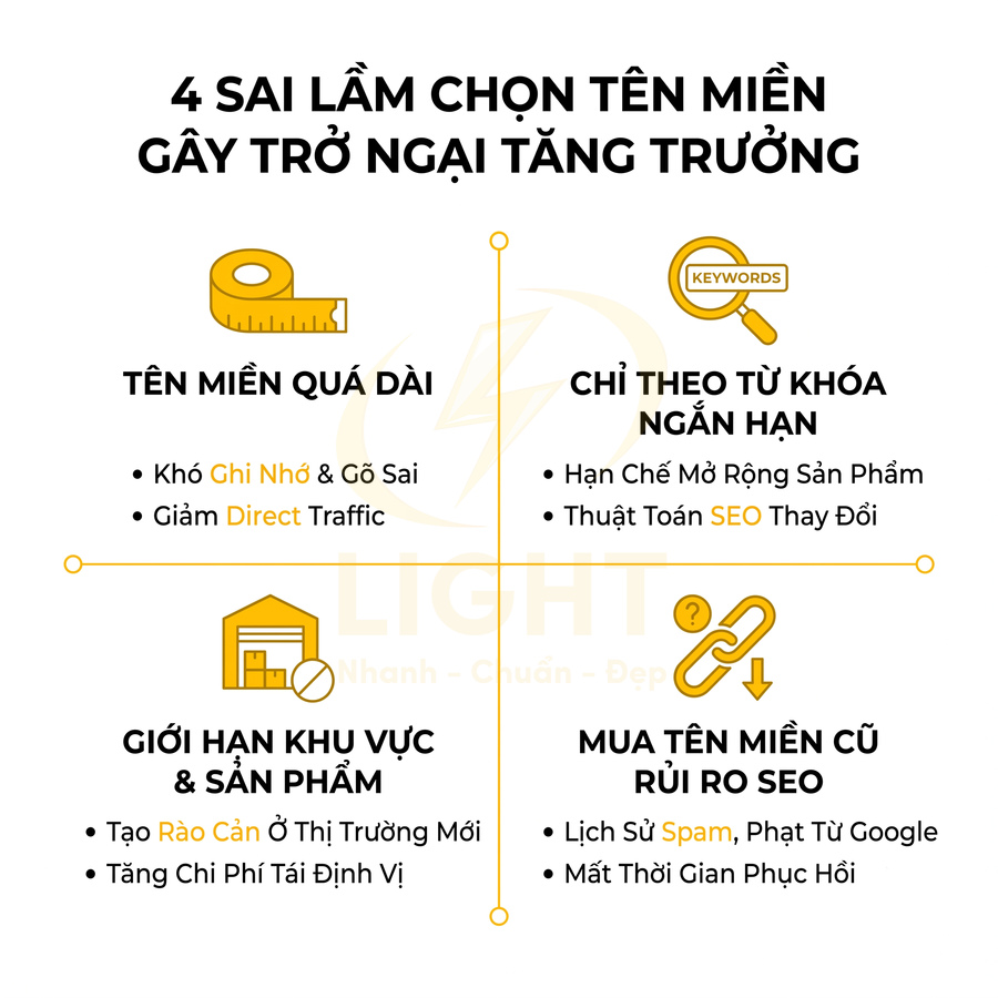 Infographic 4 sai lầm chọn tên miền ảnh hưởng tăng trưởng và rủi ro SEO cho website