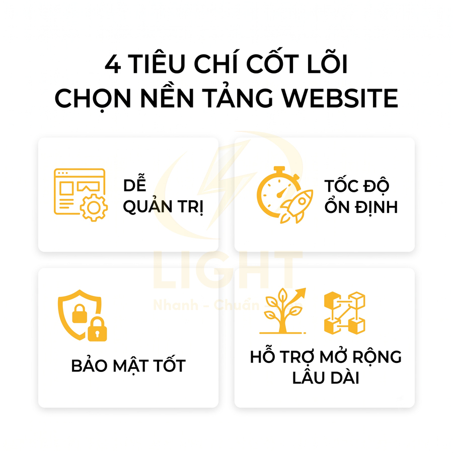 4 tiêu chí cốt lõi chọn nền tảng website dễ quản trị tốc độ ổn định bảo mật tốt hỗ trợ mở rộng lâu dài