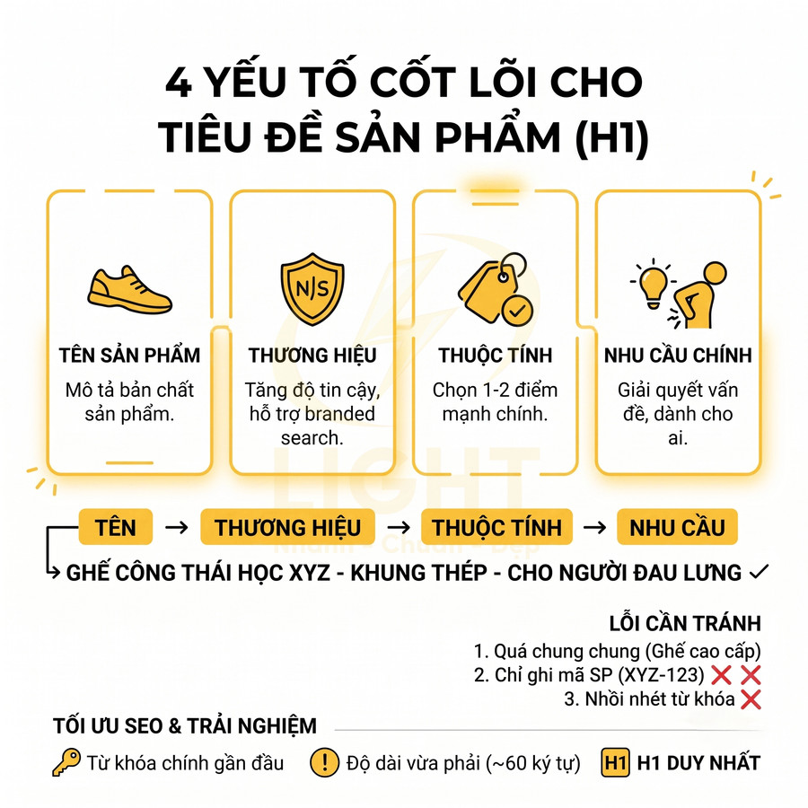 Hướng dẫn tối ưu tiêu đề sản phẩm H1 với 4 yếu tố tên sản phẩm thương hiệu thuộc tính nhu cầu chính