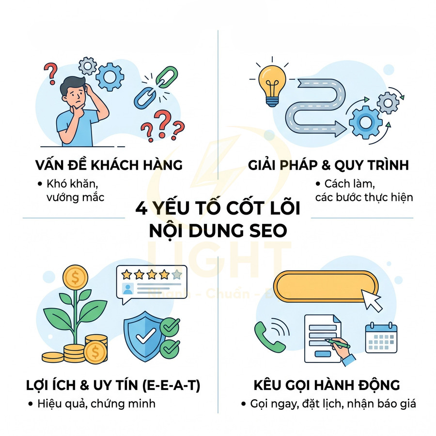Minh họa 4 yếu tố cốt lõi nội dung SEO gồm vấn đề khách hàng, giải pháp, lợi ích uy tín và kêu gọi hành động