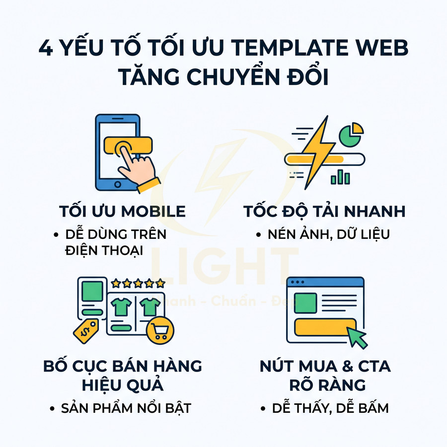 4 yếu tố tối ưu template web tăng chuyển đổi: mobile, tốc độ tải, bố cục bán hàng, nút mua CTA rõ ràng