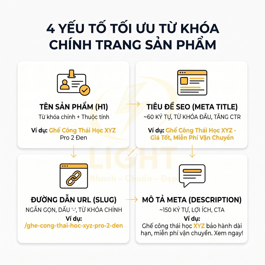Hướng dẫn tối ưu từ khóa chính cho trang sản phẩm với tên sản phẩm, tiêu đề SEO, URL và mô tả meta