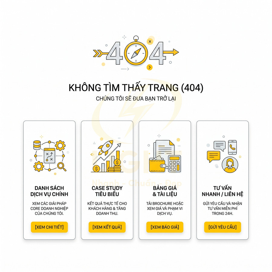 Giao diện trang lỗi 404 với các lựa chọn dịch vụ, case study, bảng giá tài liệu và tư vấn liên hệ