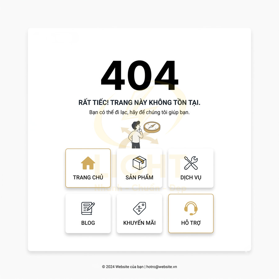 Trang lỗi 404 với các nút điều hướng về trang chủ, sản phẩm, dịch vụ, blog, khuyến mãi và hỗ trợ