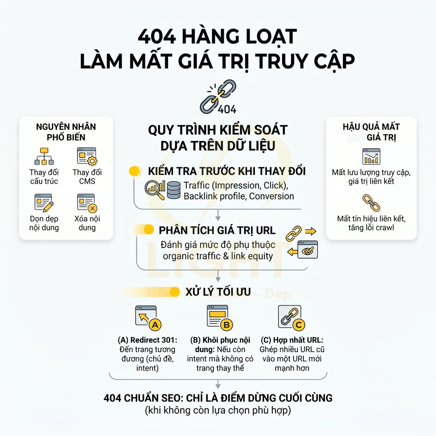 Infographic quy trình xử lý lỗi 404 hàng loạt để giữ giá trị truy cập và tối ưu SEO cho website
