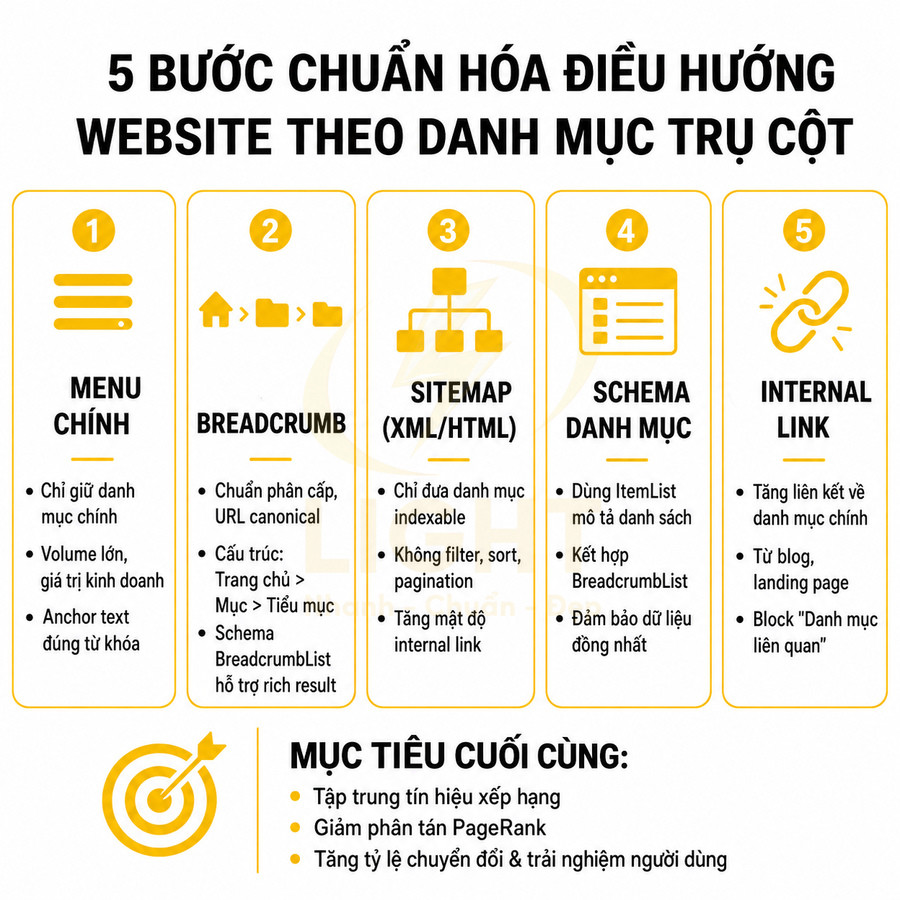5 bước chuẩn hóa điều hướng website theo danh mục trụ cột với menu chính breadcrumb sitemap schema và internal link