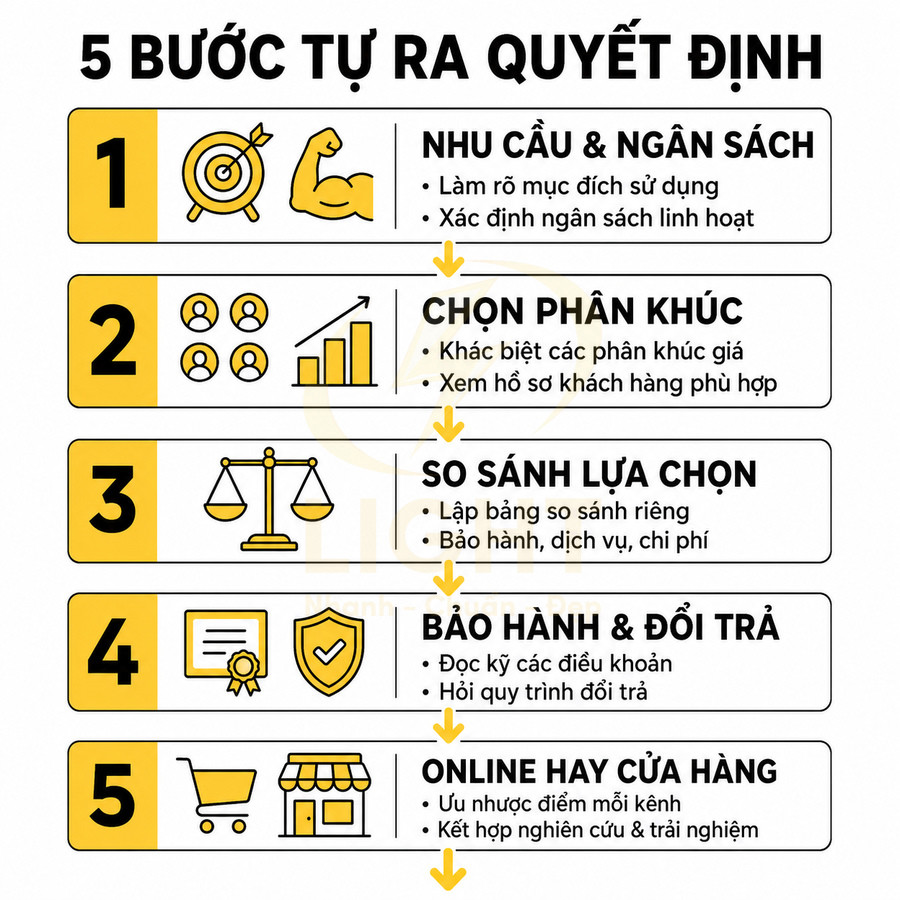 Infographic 5 bước tự ra quyết định mua hàng từ xác định nhu cầu, chọn phân khúc đến bảo hành và mua online