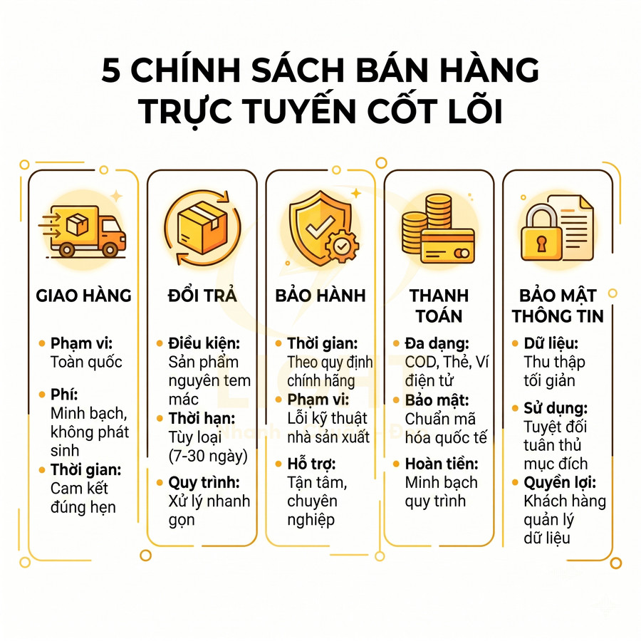 5 chính sách bán hàng trực tuyến cốt lõi gồm giao hàng, đổi trả, bảo hành, thanh toán và bảo mật thông tin