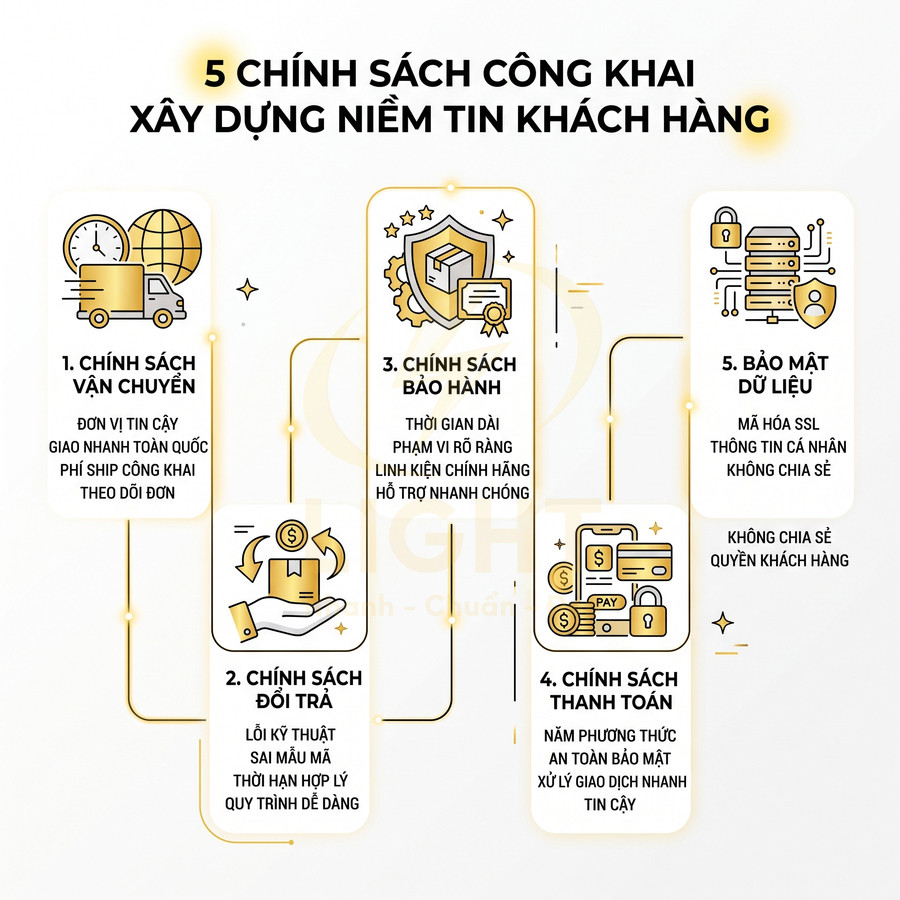 Thiết kế giới thiệu 5 chính sách công khai xây dựng niềm tin khách hàng: vận chuyển, đổi trả, bảo hành, thanh toán, bảo mật dữ liệu