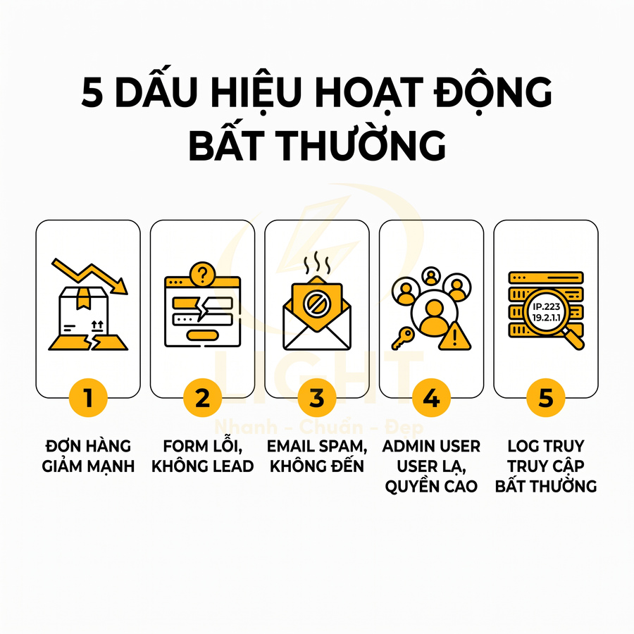 5 dấu hiệu hoạt động bất thường trên website gồm đơn hàng giảm, form lỗi, email spam, user lạ và log truy cập lạ