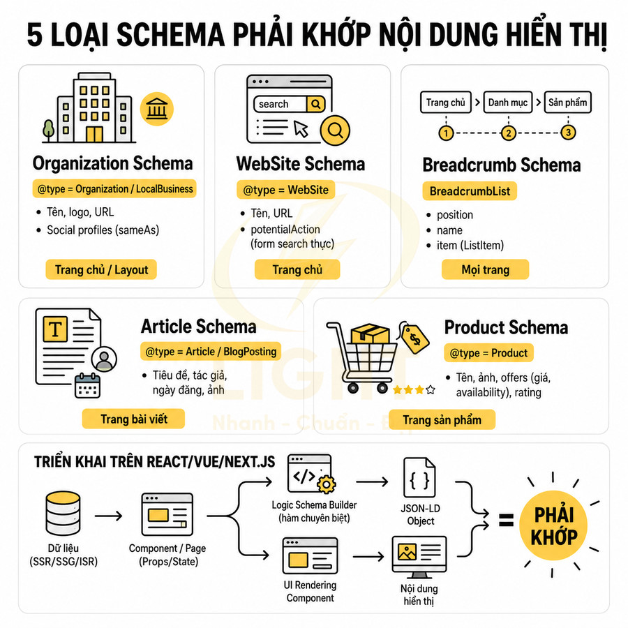 Tổng quan 5 loại schema quan trọng cho SEO gồm Organization, Website, Breadcrumb, Article và Product Schema