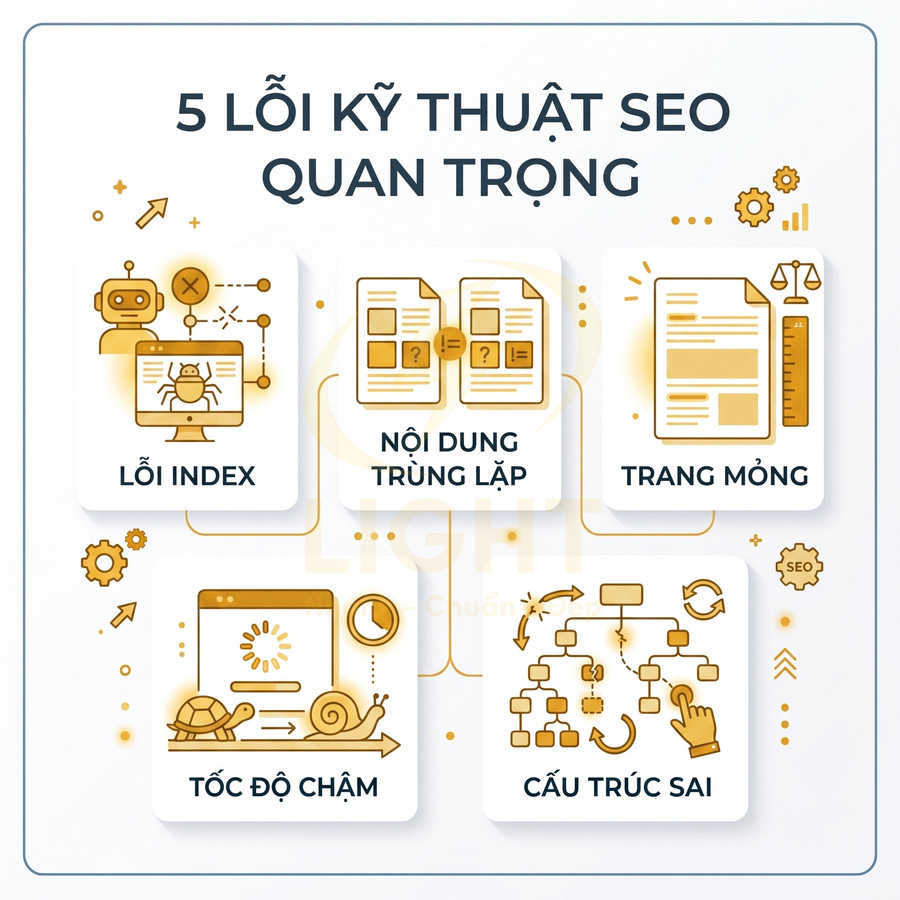 5 lỗi kỹ thuật SEO quan trọng gồm lỗi index, nội dung trùng lặp, trang mỏng, tốc độ chậm, cấu trúc sai