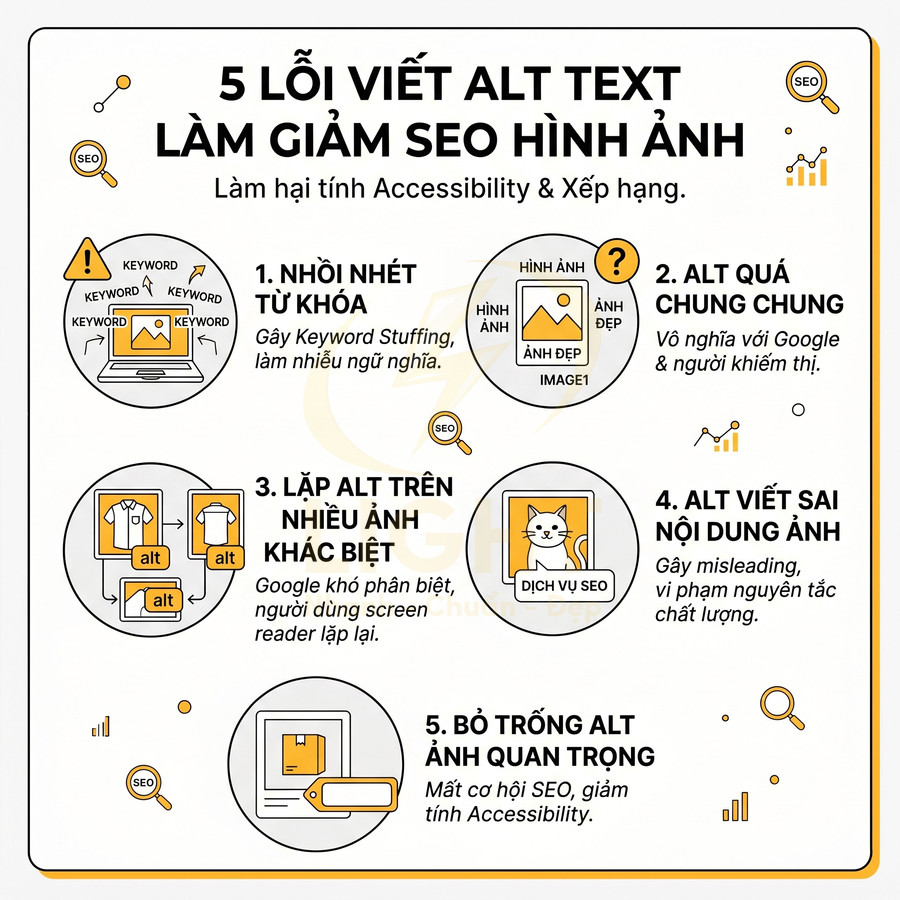 Infographic 5 lỗi viết alt text làm giảm SEO hình ảnh và ảnh minh họa từng lỗi chi tiết