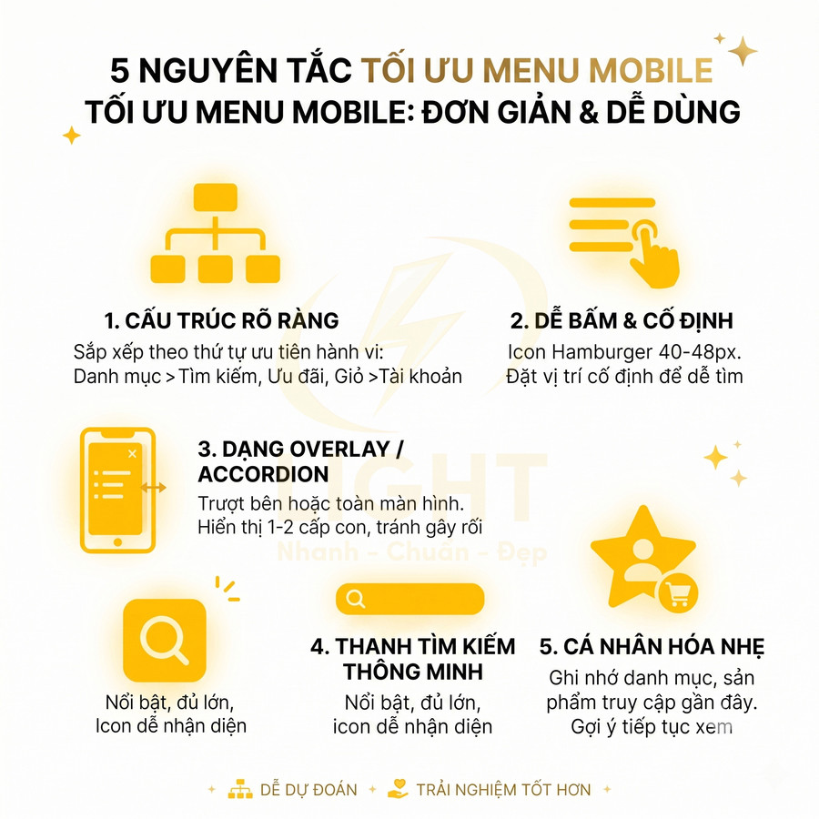 5 nguyên tắc tối ưu menu mobile đơn giản dễ dùng với cấu trúc rõ ràng, dễ bấm và thanh tìm kiếm nổi bật