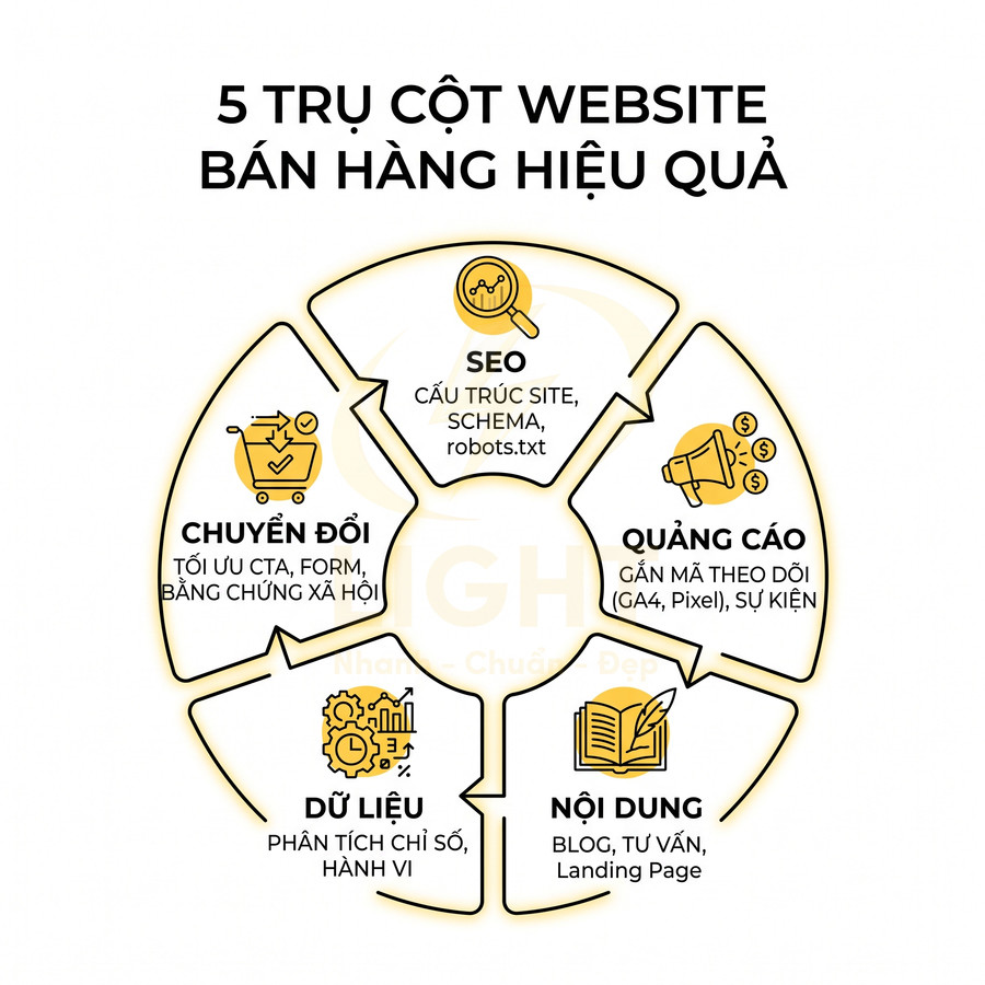 Mô hình 5 trụ cột website bán hàng hiệu quả gồm SEO, quảng cáo, nội dung, dữ liệu và chuyển đổi