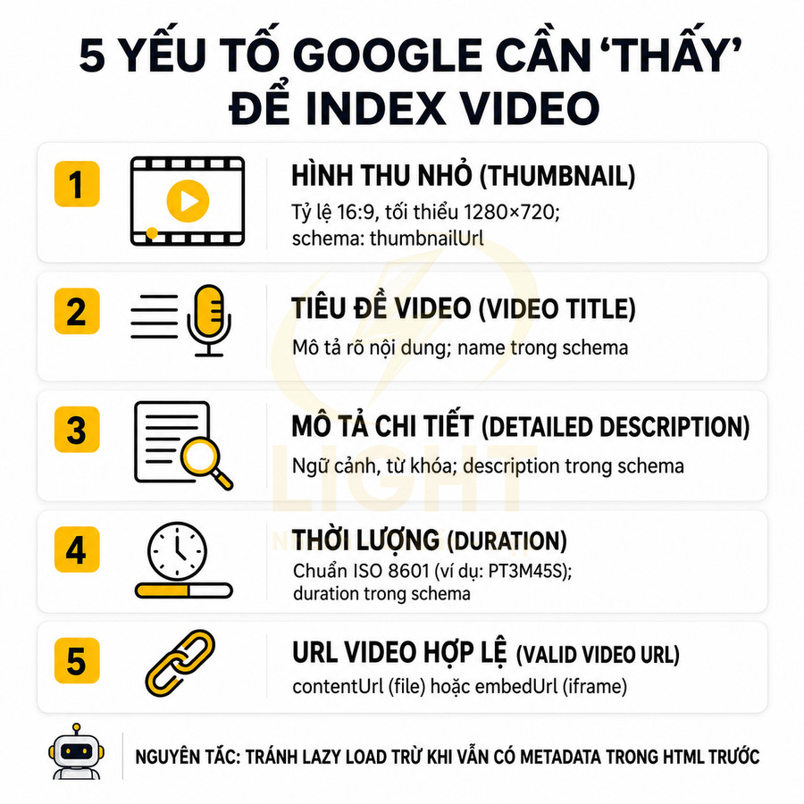 Infographic 5 yếu tố Google cần thấy để index video gồm thumbnail, tiêu đề, mô tả, thời lượng và URL hợp lệ