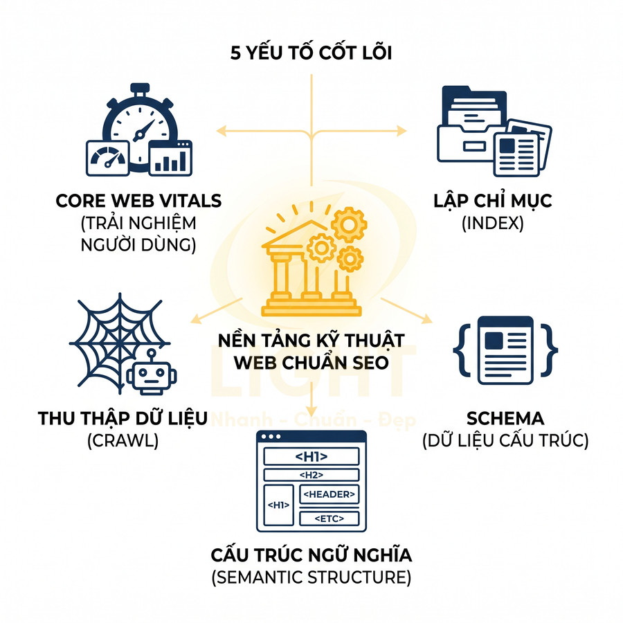Mô tả 5 yếu tố cốt lõi trong nền tảng kỹ thuật web chuẩn SEO gồm core web vitals, index, crawl, schema, cấu trúc ngữ nghĩa