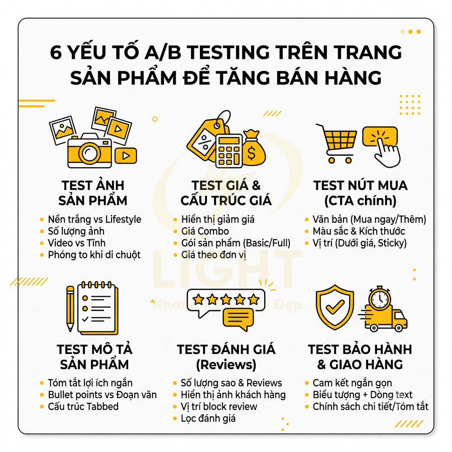 Infographic 6 yếu tố A/B testing trên trang sản phẩm: ảnh, giá, nút mua, mô tả, đánh giá, bảo hành giao hàng