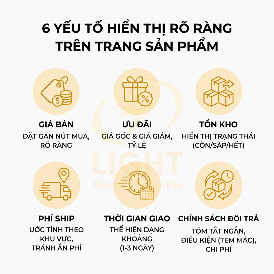 Infographic 6 yếu tố cần hiển thị rõ trên trang sản phẩm: giá bán, ưu đãi, tồn kho, phí ship, thời gian giao, đổi trả