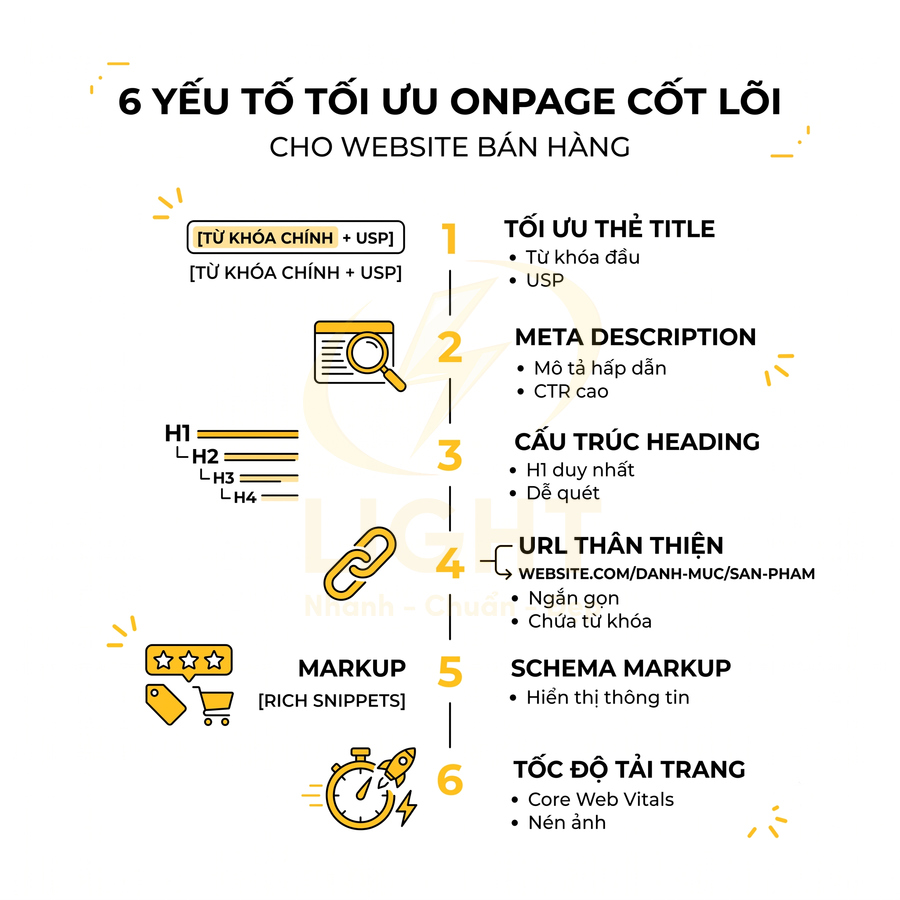 6 yếu tố tối ưu onpage cốt lõi cho website bán hàng với checklist title, meta, heading, URL, schema và tốc độ tải trang