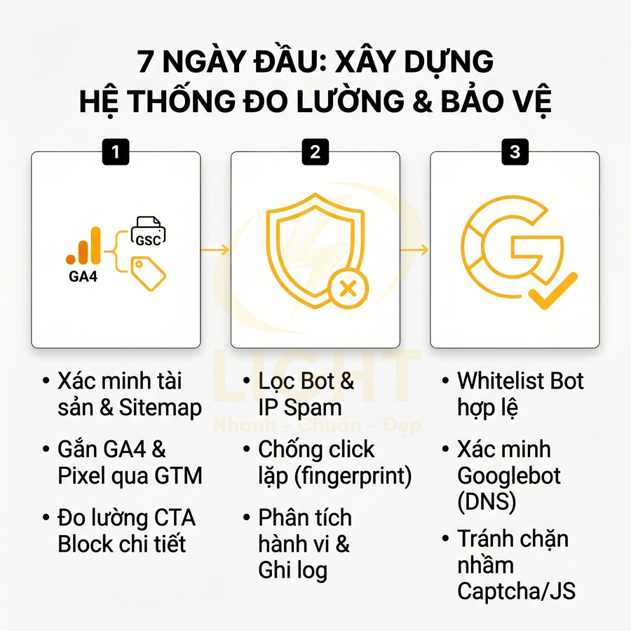 Quy trình 7 ngày đầu xây dựng hệ thống đo lường và bảo vệ website với GA4, lọc bot và xác minh Googlebot