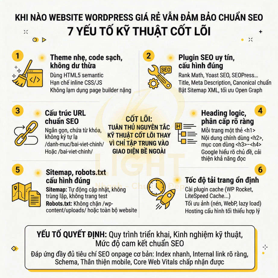 Infographic 7 yếu tố kỹ thuật cốt lõi giúp website WordPress giá rẻ vẫn đảm bảo chuẩn SEO