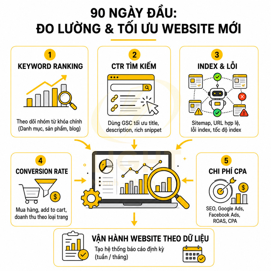 Quy trình 90 ngày đo lường và tối ưu website mới với các chỉ số SEO và quảng cáo quan trọng