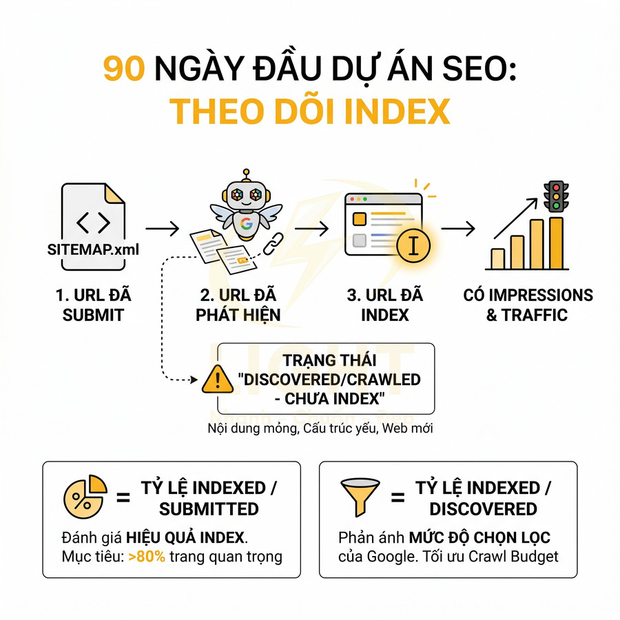 Quy trình theo dõi index trong 90 ngày đầu dự án SEO với các bước từ submit sitemap đến impressions và traffic