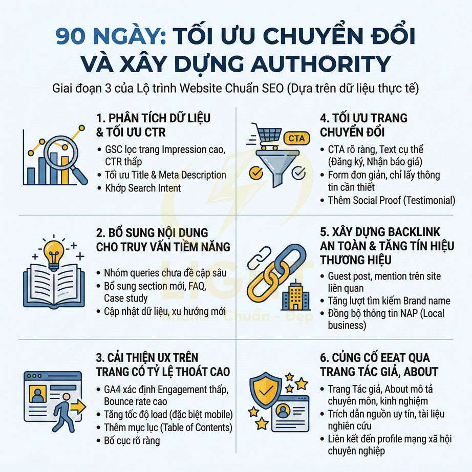 Infographic lộ trình 90 ngày tối ưu chuyển đổi và xây dựng authority cho website chuẩn SEO